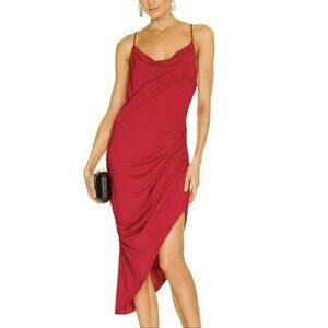 Revolve Krisa Medium Midi Red Dress Draped Slinky Asymmetrical Ruched NWT